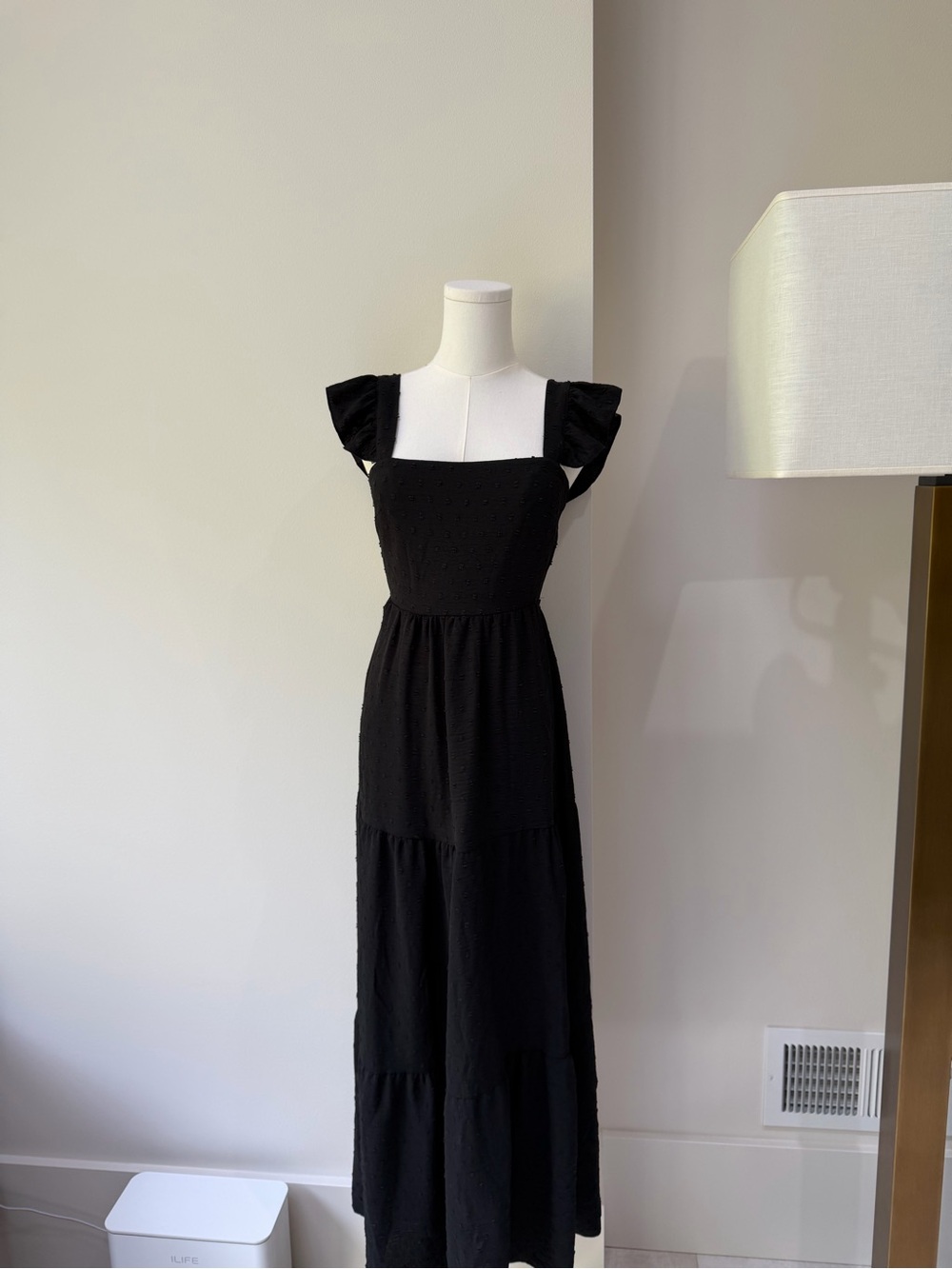 Black Square-Neck Maxi Dress with Flutter Sleeves